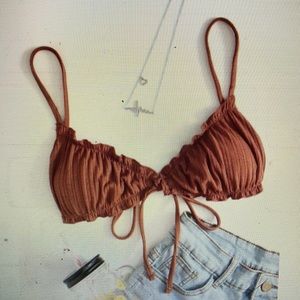 Ribbed ruffled self-tie triangle bikini top